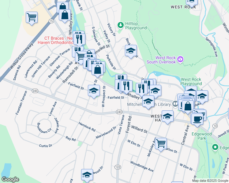 map of restaurants, bars, coffee shops, grocery stores, and more near 1206 Whalley Avenue in New Haven