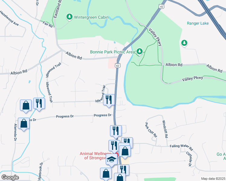 map of restaurants, bars, coffee shops, grocery stores, and more near 11302 Pearl Road in Strongsville