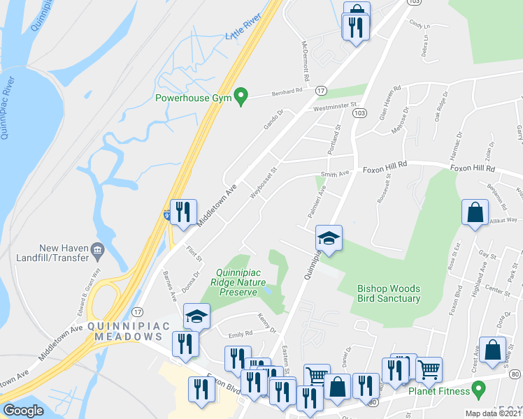map of restaurants, bars, coffee shops, grocery stores, and more near 325 Smith Avenue in New Haven