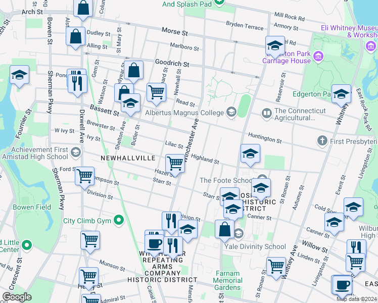 map of restaurants, bars, coffee shops, grocery stores, and more near 287 Highland Street in New Haven