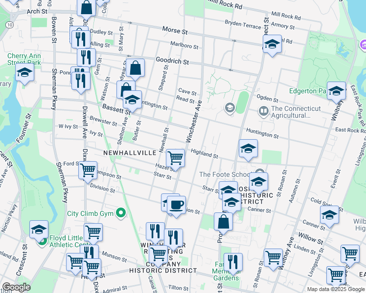 map of restaurants, bars, coffee shops, grocery stores, and more near 12 Lilac Street in New Haven