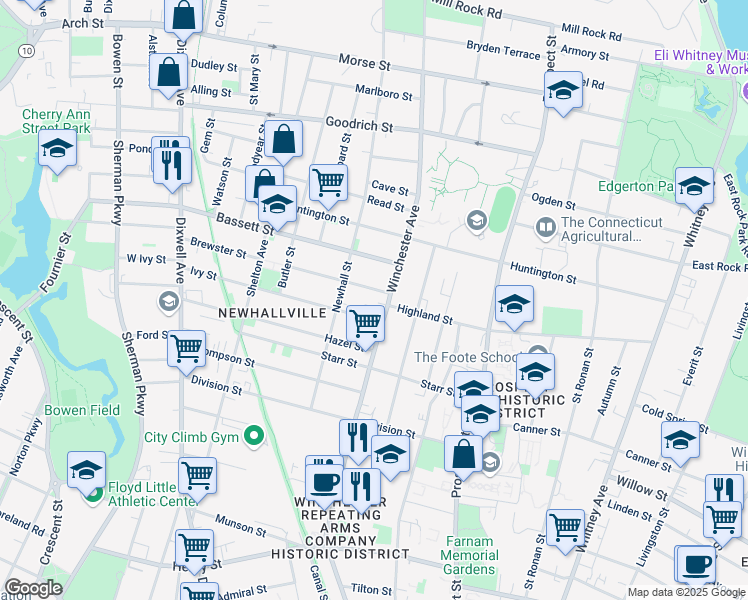 map of restaurants, bars, coffee shops, grocery stores, and more near 12 Lilac Street in New Haven