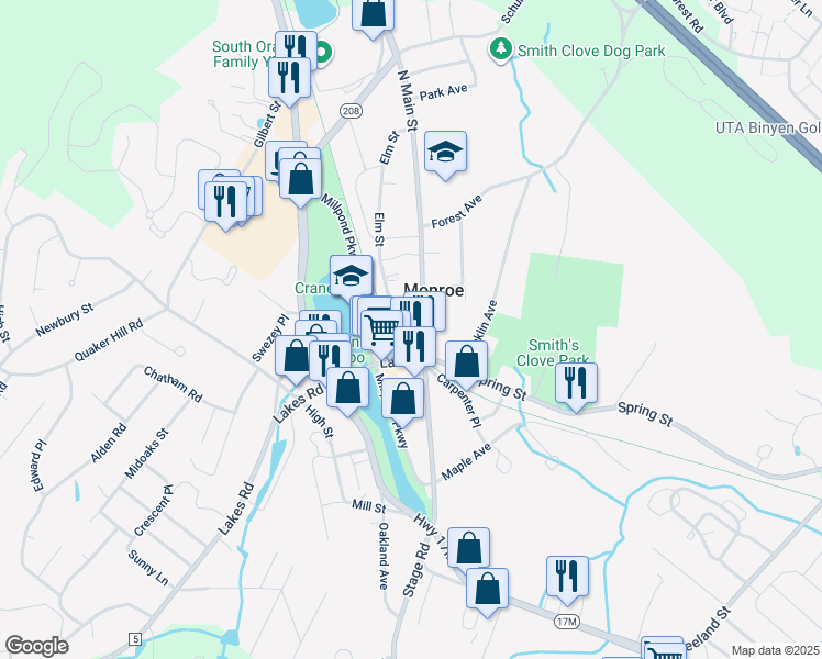 map of restaurants, bars, coffee shops, grocery stores, and more near 28 North Main Street in Monroe