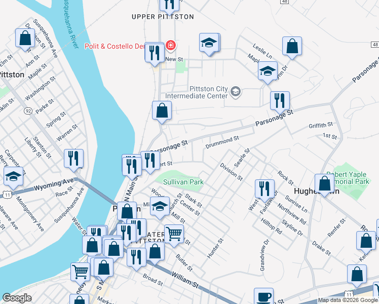 map of restaurants, bars, coffee shops, grocery stores, and more near 57-59 Parsonage St in Pittston