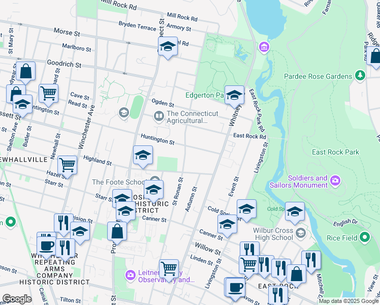 map of restaurants, bars, coffee shops, grocery stores, and more near 58 Huntington Street in New Haven