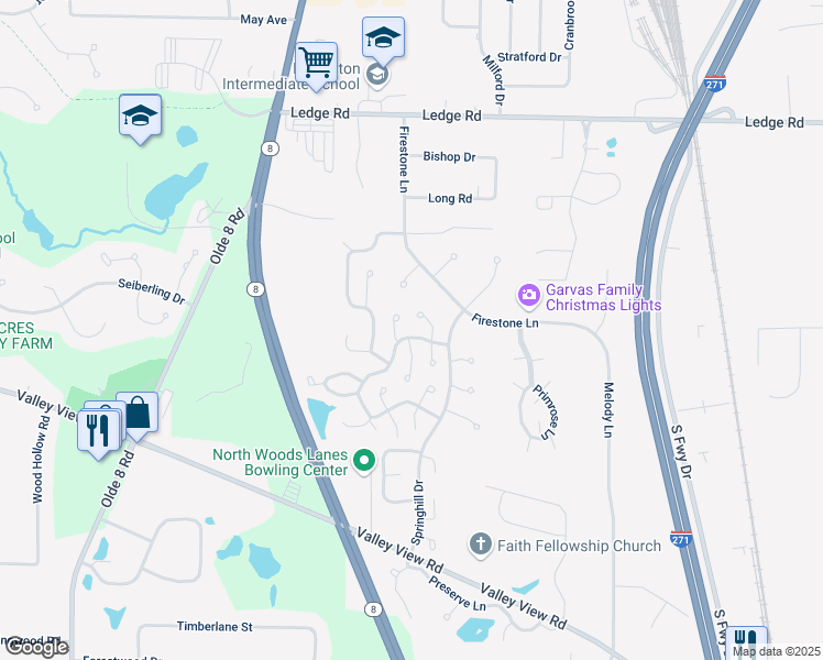 map of restaurants, bars, coffee shops, grocery stores, and more near 8706 Elmdale Trce in Macedonia