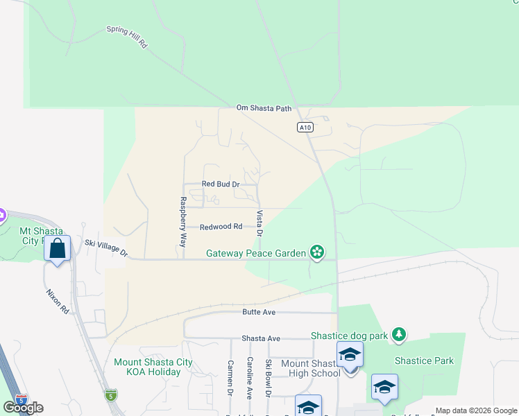 map of restaurants, bars, coffee shops, grocery stores, and more near 599 Oakway Road in Mount Shasta