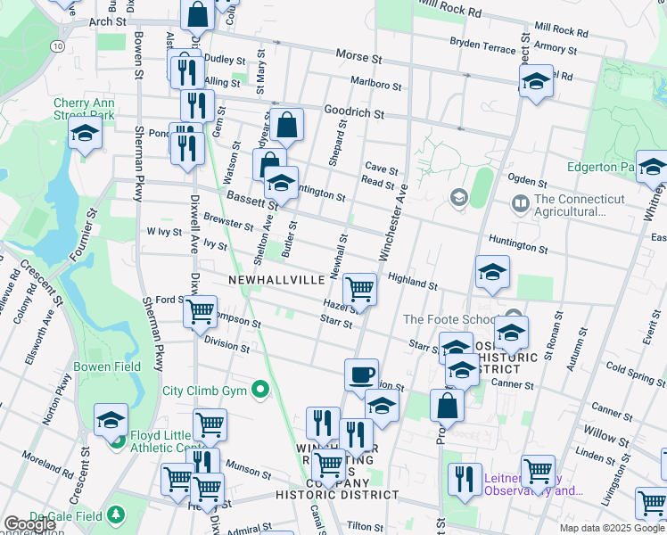 map of restaurants, bars, coffee shops, grocery stores, and more near 206 Newhall Street in New Haven