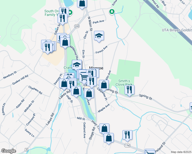 map of restaurants, bars, coffee shops, grocery stores, and more near 28 North Main Street in Monroe