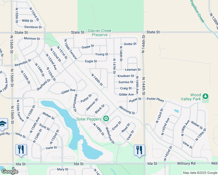 map of restaurants, bars, coffee shops, grocery stores, and more near 7801 North 147th Street in Bennington
