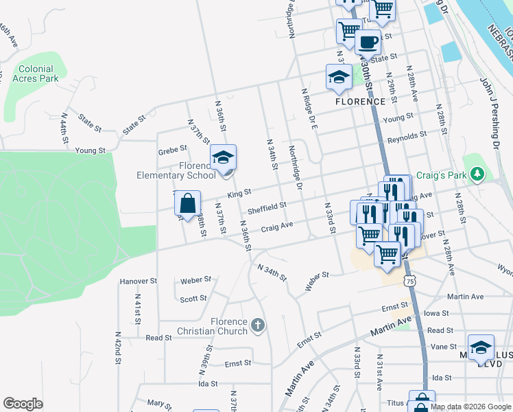 map of restaurants, bars, coffee shops, grocery stores, and more near 3432 Sheffield Street in Omaha