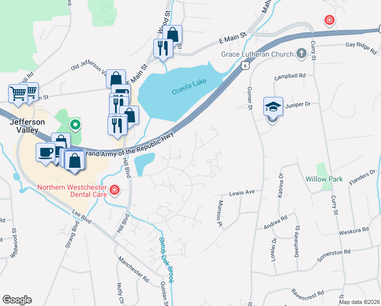 map of restaurants, bars, coffee shops, grocery stores, and more near 154 Carriage Court in Yorktown Heights