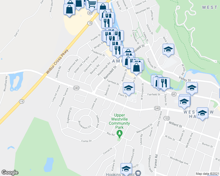 map of restaurants, bars, coffee shops, grocery stores, and more near 55 Benton Street in New Haven