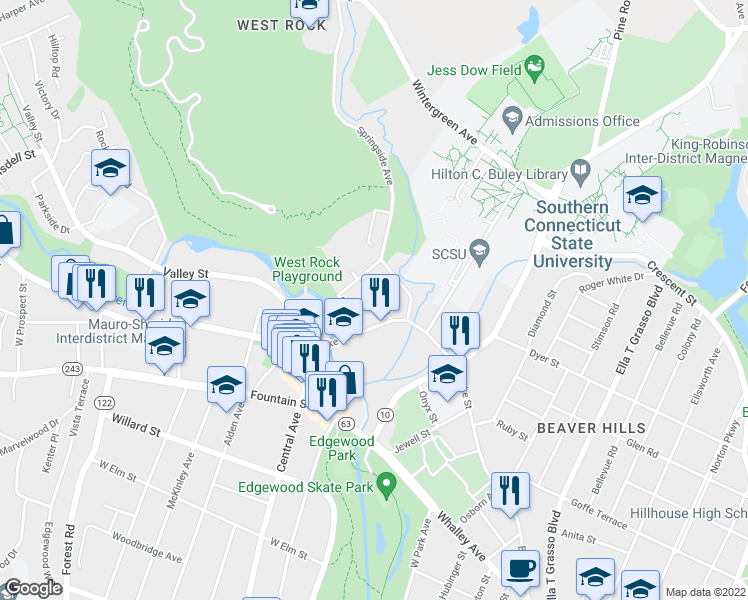 map of restaurants, bars, coffee shops, grocery stores, and more near 30 Austin Street in New Haven