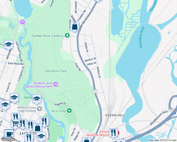 map of restaurants, bars, coffee shops, grocery stores, and more near 1730 State Street in Hamden