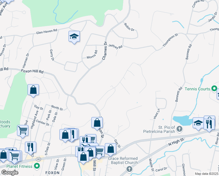 map of restaurants, bars, coffee shops, grocery stores, and more near 266 Thompson Street in East Haven