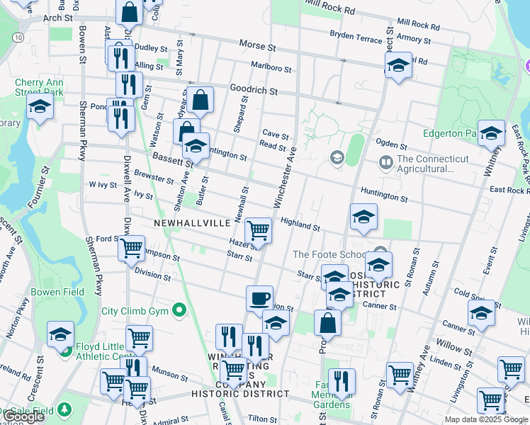 map of restaurants, bars, coffee shops, grocery stores, and more near 12 Lilac Street in New Haven