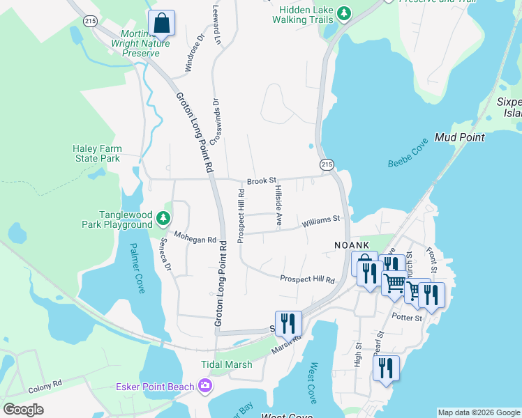 map of restaurants, bars, coffee shops, grocery stores, and more near 34 Hillside Avenue in Groton