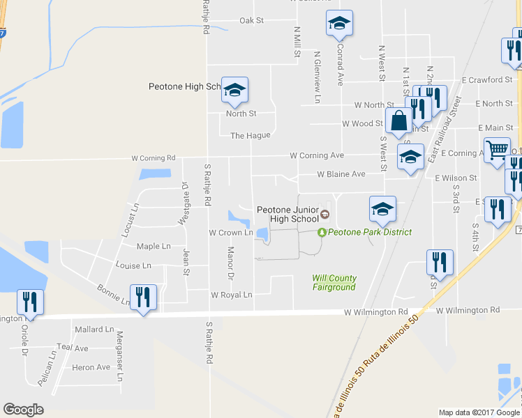 map of restaurants, bars, coffee shops, grocery stores, and more near 431 South Hans Brinker Drive in Peotone