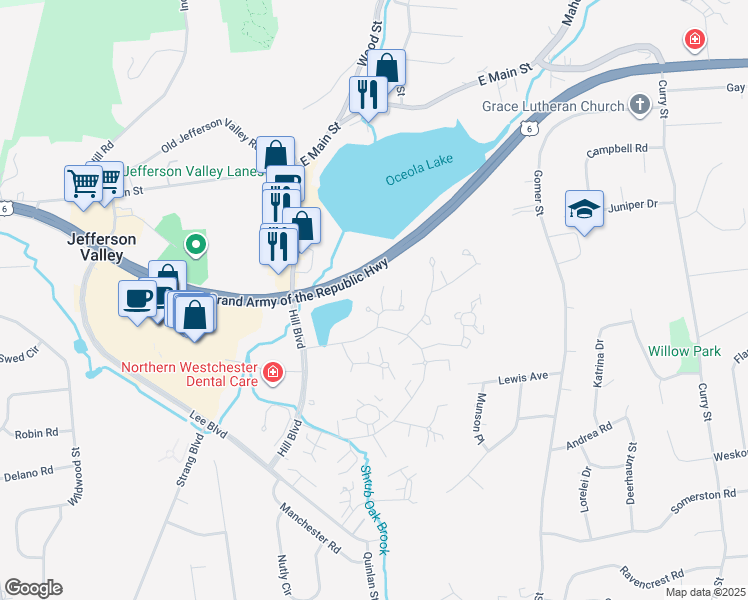 map of restaurants, bars, coffee shops, grocery stores, and more near 146 Flintlock Way in Yorktown Heights