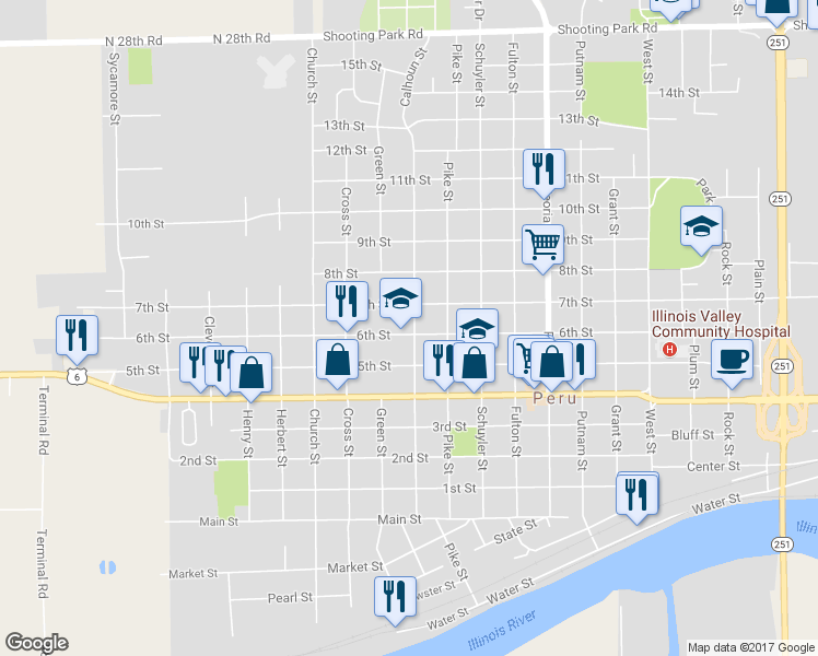 map of restaurants, bars, coffee shops, grocery stores, and more near 1002 Calhoun Street in Peru