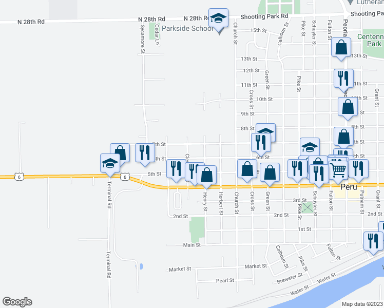 map of restaurants, bars, coffee shops, grocery stores, and more near 2721 6th Street in Peru