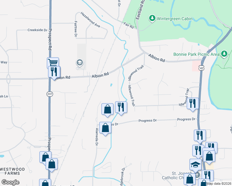 map of restaurants, bars, coffee shops, grocery stores, and more near 11282 Blodgett Creek Trail in Strongsville