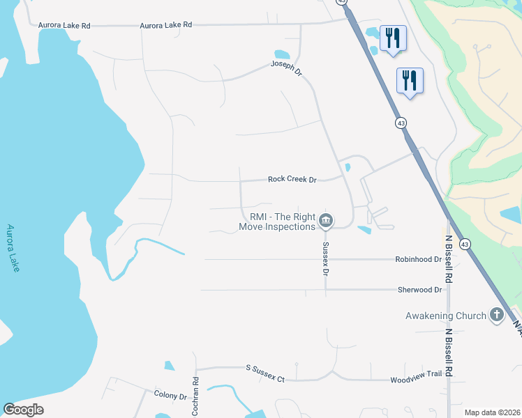 map of restaurants, bars, coffee shops, grocery stores, and more near 730 Woodlake Drive in Aurora