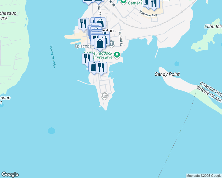 map of restaurants, bars, coffee shops, grocery stores, and more near 1 Hancox Street in Stonington