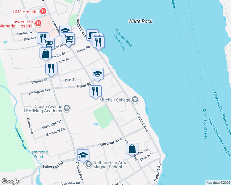 map of restaurants, bars, coffee shops, grocery stores, and more near 16 Granada Terrace in New London