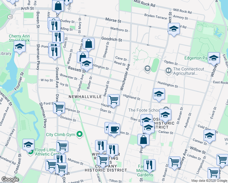 map of restaurants, bars, coffee shops, grocery stores, and more near 12 Lilac Street in New Haven