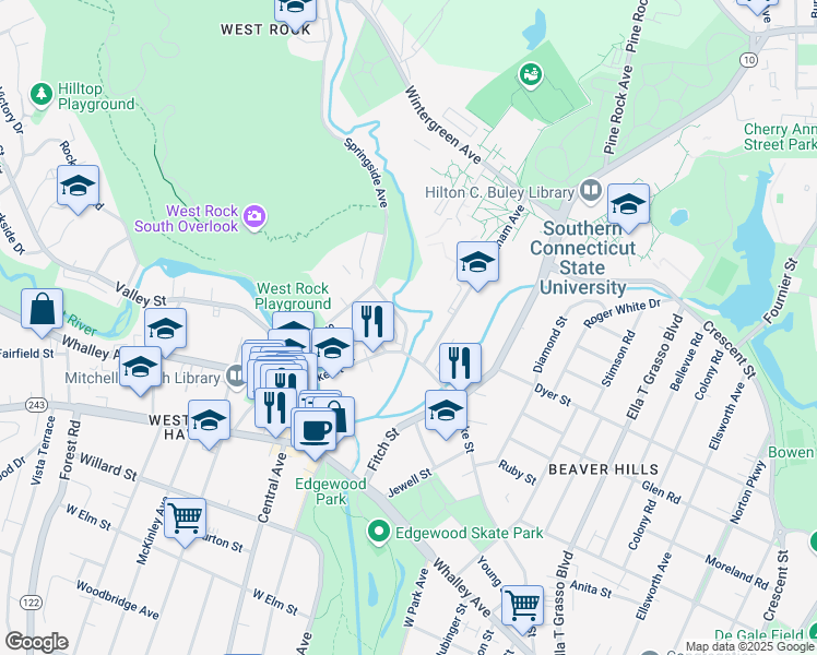 map of restaurants, bars, coffee shops, grocery stores, and more near in New Haven