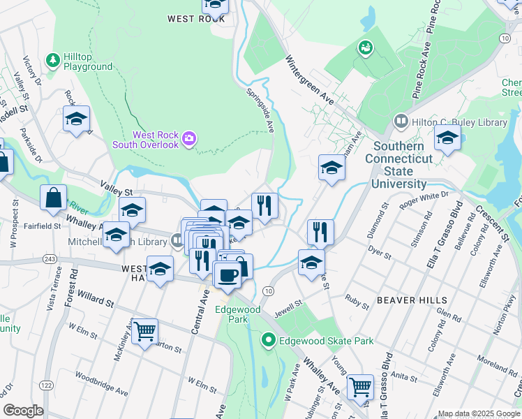 map of restaurants, bars, coffee shops, grocery stores, and more near 30 Austin Street in New Haven