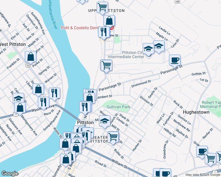 map of restaurants, bars, coffee shops, grocery stores, and more near 45 Parsonage Street in Pittston