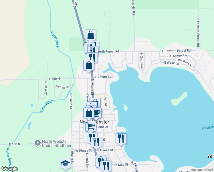 map of restaurants, bars, coffee shops, grocery stores, and more near 535-537 2nd St in North Webster