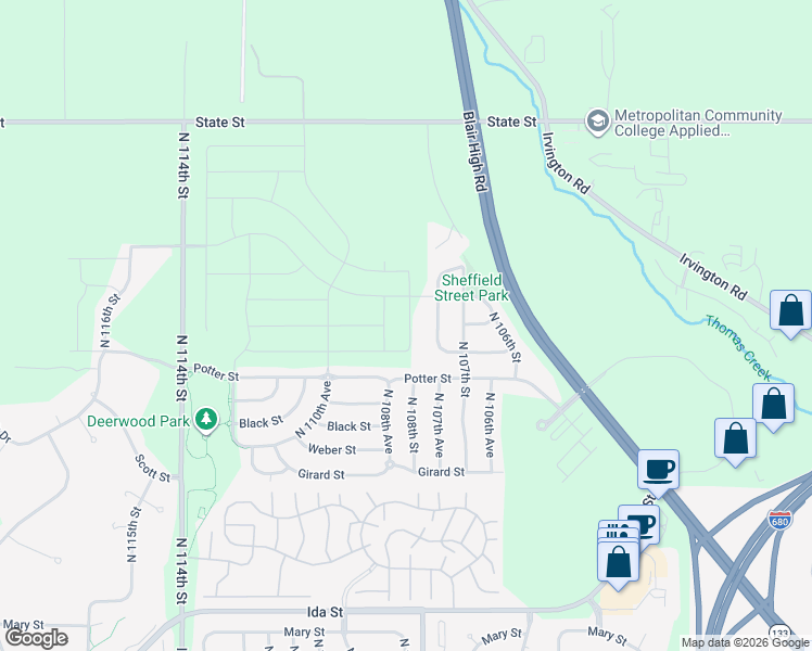map of restaurants, bars, coffee shops, grocery stores, and more near 7714-7718 North 107th Avenue in Omaha
