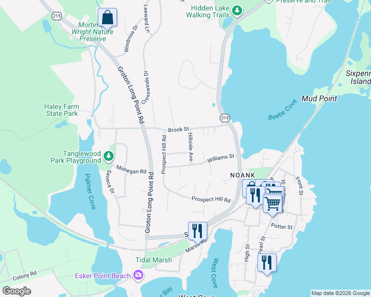 map of restaurants, bars, coffee shops, grocery stores, and more near 34 Hillside Avenue in Groton