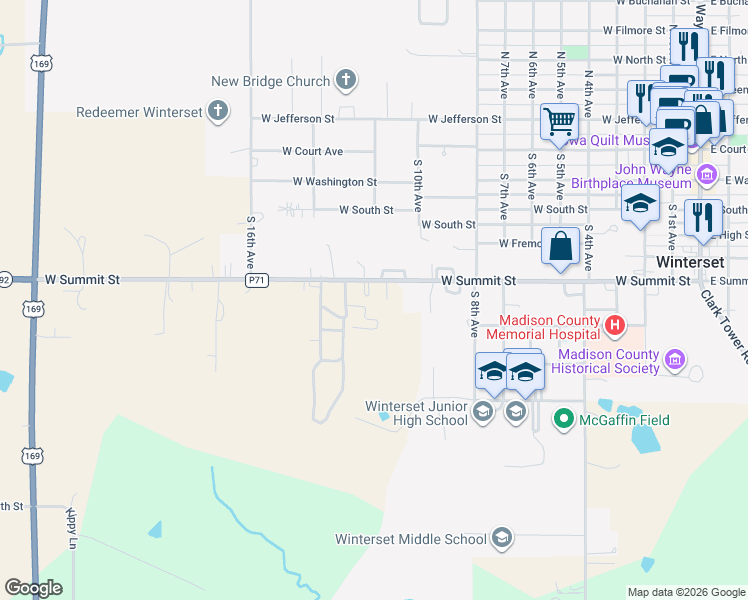 map of restaurants, bars, coffee shops, grocery stores, and more near 1144 West Summit Street in Winterset