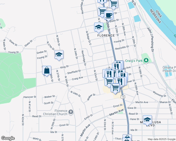 map of restaurants, bars, coffee shops, grocery stores, and more near 3323 Sheffield Street in Omaha