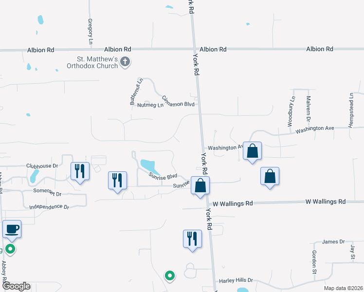 map of restaurants, bars, coffee shops, grocery stores, and more near 11258 Coventry Court in North Royalton