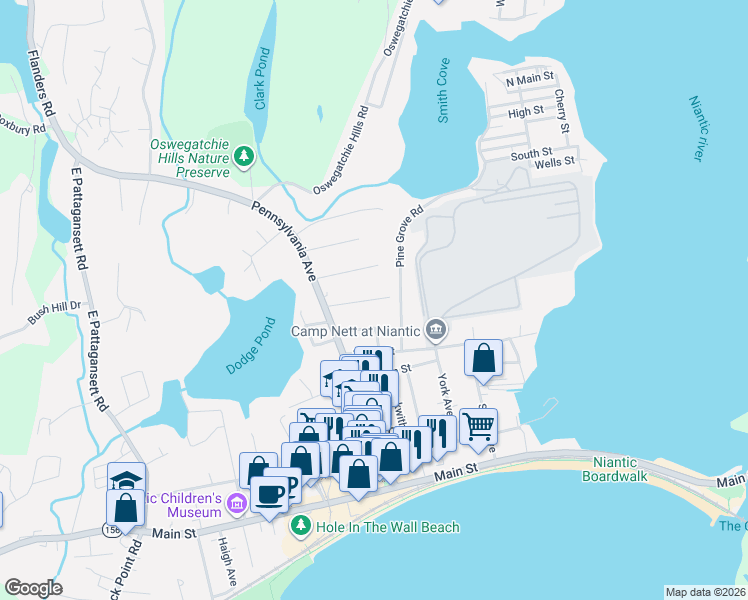 map of restaurants, bars, coffee shops, grocery stores, and more near Luce Avenue in East Lyme