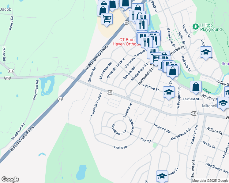 map of restaurants, bars, coffee shops, grocery stores, and more near 629 Fountain Street in New Haven