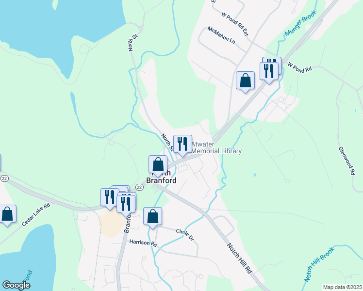 map of restaurants, bars, coffee shops, grocery stores, and more near 11 North Street in North Branford