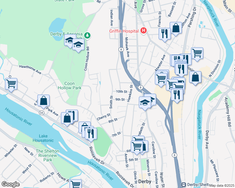 map of restaurants, bars, coffee shops, grocery stores, and more near 24 10th Street in Derby