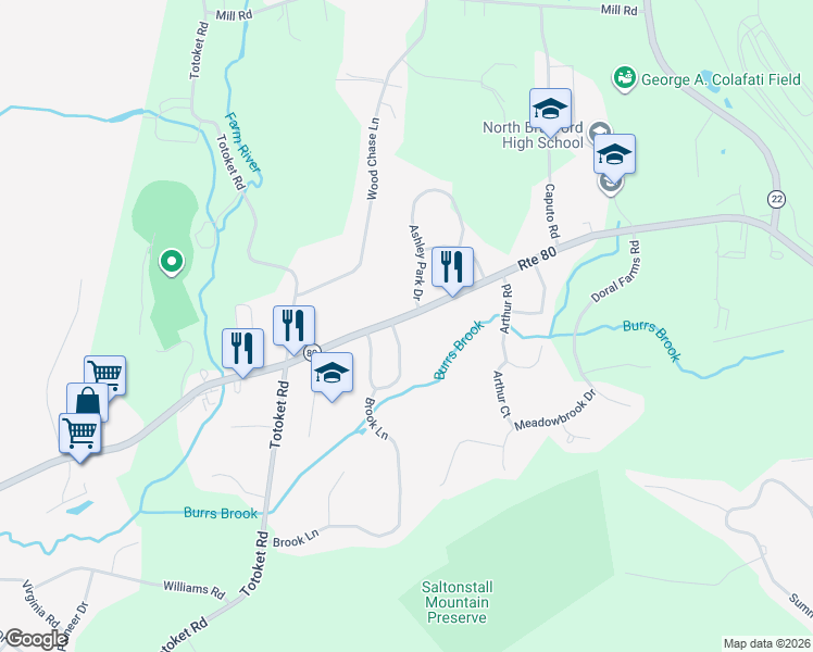 map of restaurants, bars, coffee shops, grocery stores, and more near 405 Foxon Road in North Branford