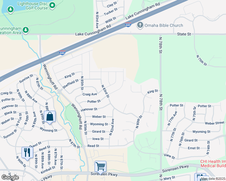 map of restaurants, bars, coffee shops, grocery stores, and more near 8220 Potter Street in Omaha