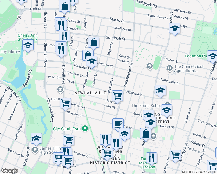 map of restaurants, bars, coffee shops, grocery stores, and more near 206 Newhall Street in New Haven