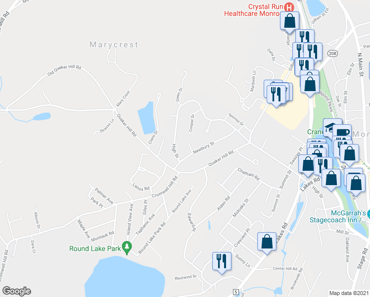 map of restaurants, bars, coffee shops, grocery stores, and more near 3 Hall Court in Monroe
