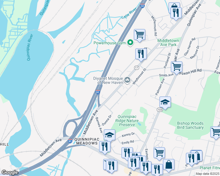 map of restaurants, bars, coffee shops, grocery stores, and more near 454 Middletown Avenue in New Haven