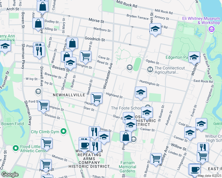 map of restaurants, bars, coffee shops, grocery stores, and more near 287 Highland Street in New Haven